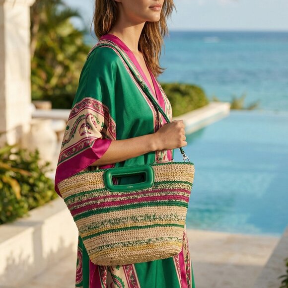 NWT $385 MAJE Vert Casino leather straw bag w/ strap and top handle - Picture 3 of 16